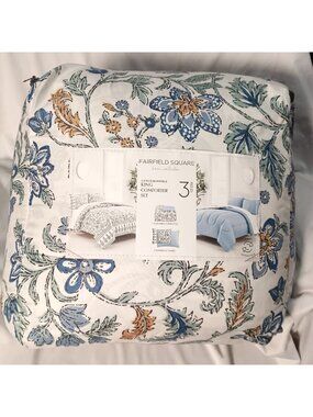 Fairfield Square King Comforter Set Reversible Blue Floral 3 Pc NIP Bag